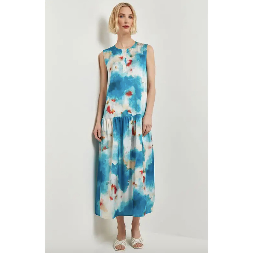 SOLD* Misook Dress Medium Watercolor Print Crepe Midi Drop Waist Sleeveless